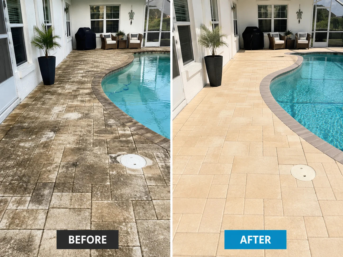 Pool deck cleaning before and after comparison